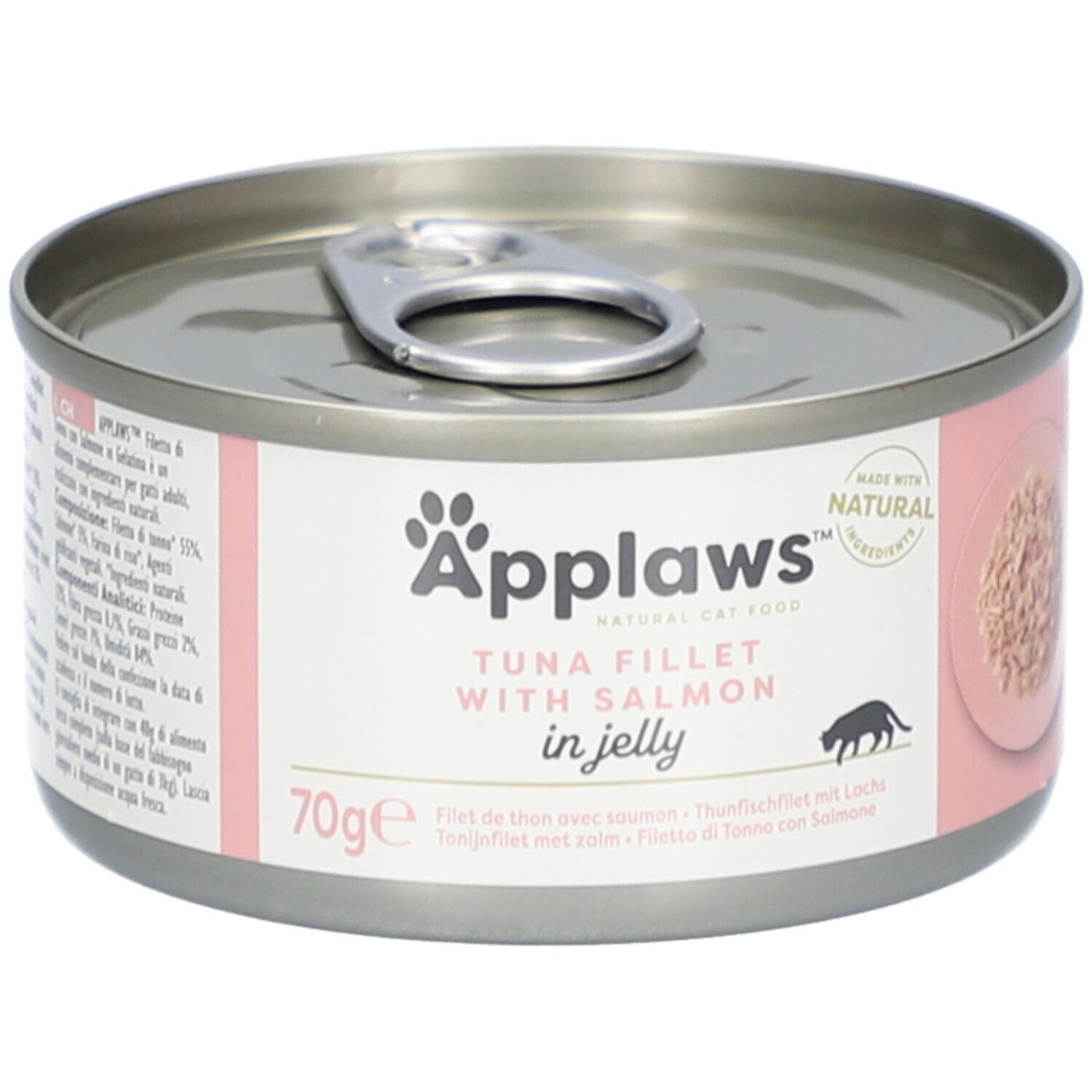 Boîte ronde avec étiquette rose. Inscription Applaws, filet de thon au saumon en gelée. 70g. Avec ingrédients naturels.