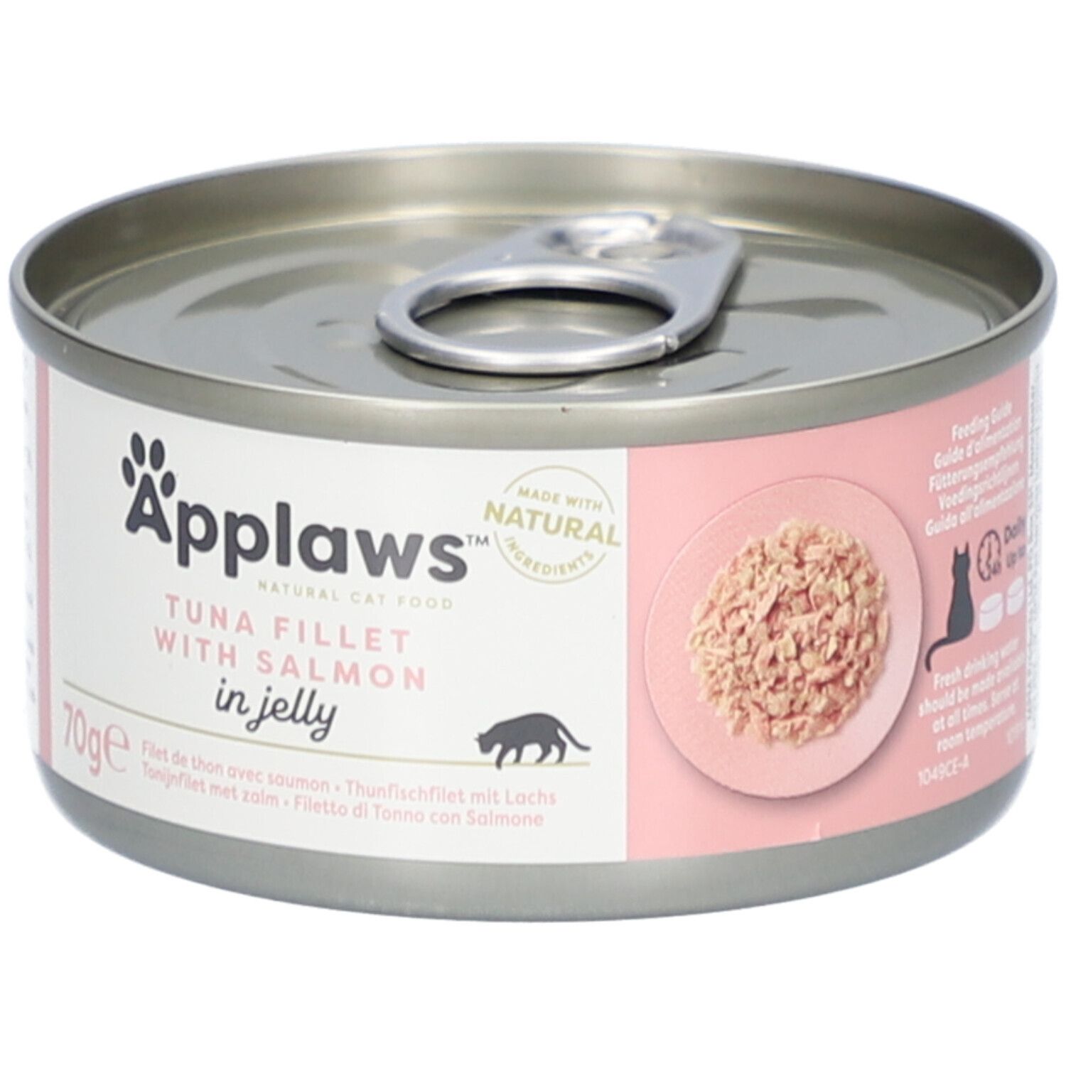 Boîte avec étiquette rose. Applaws, filet de thon au saumon en gelée. 70g. Recommandations. Avec ingrédients naturels.
