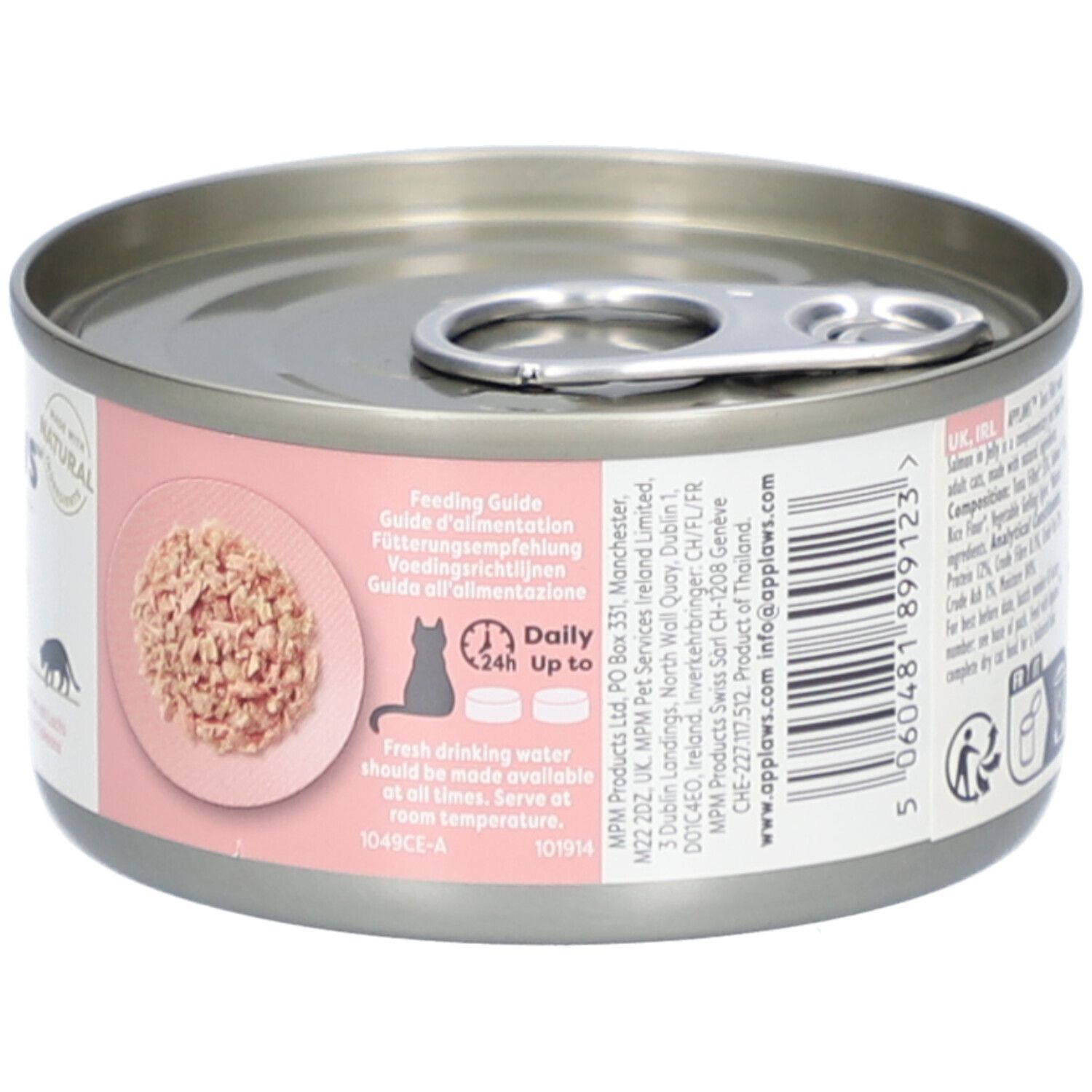 Boîte avec étiquette rose. Applaws, filet de thon au saumon en gelée. 70g. Recommandations. Avec ingrédients naturels.