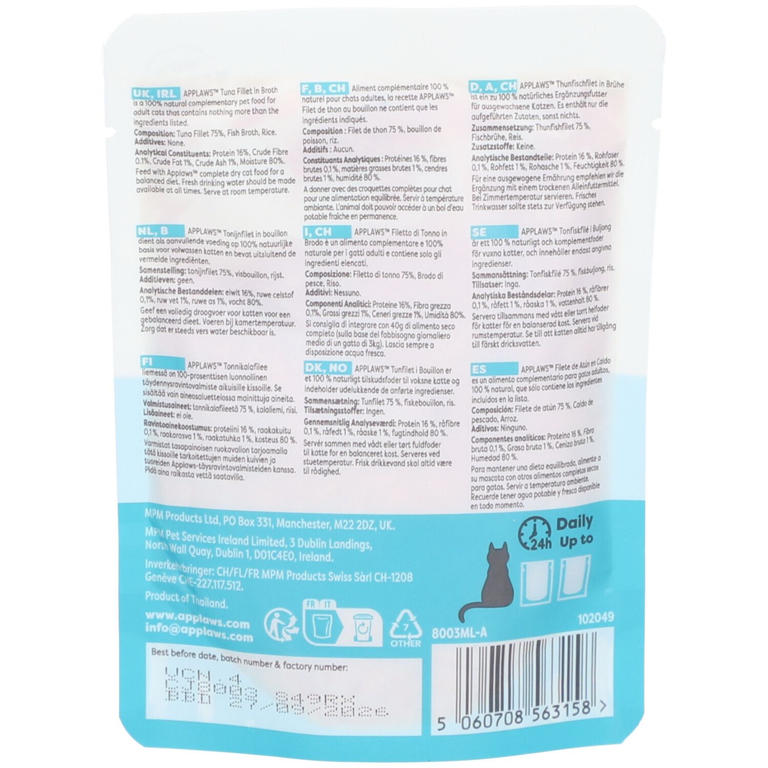 Dos du sachet de Filet de Thon Applaws. Texte multilingue. Silhouette de chat noir. Date de péremption.