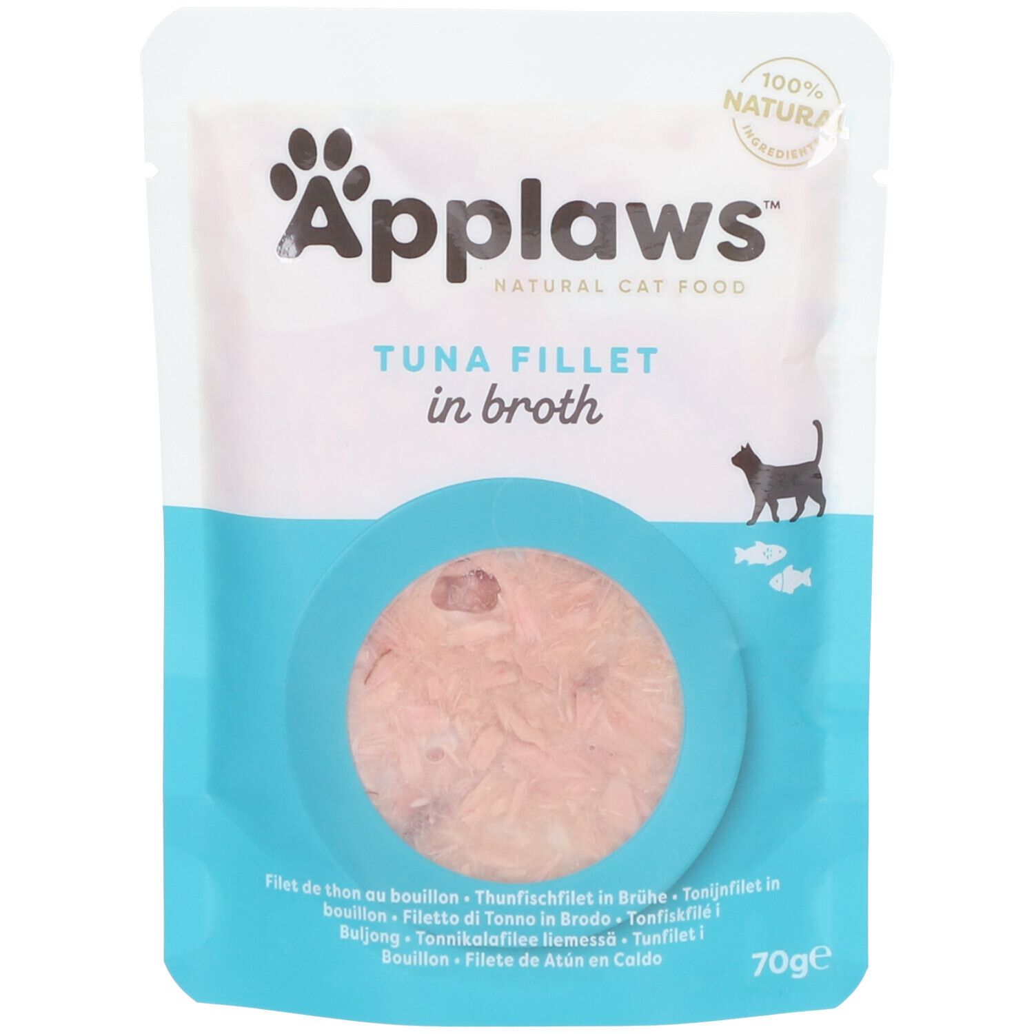 Sachet de Filet de Thon Applaws en bouillon. Produit visible dans un cercle bleu. 100% naturel. 70g.