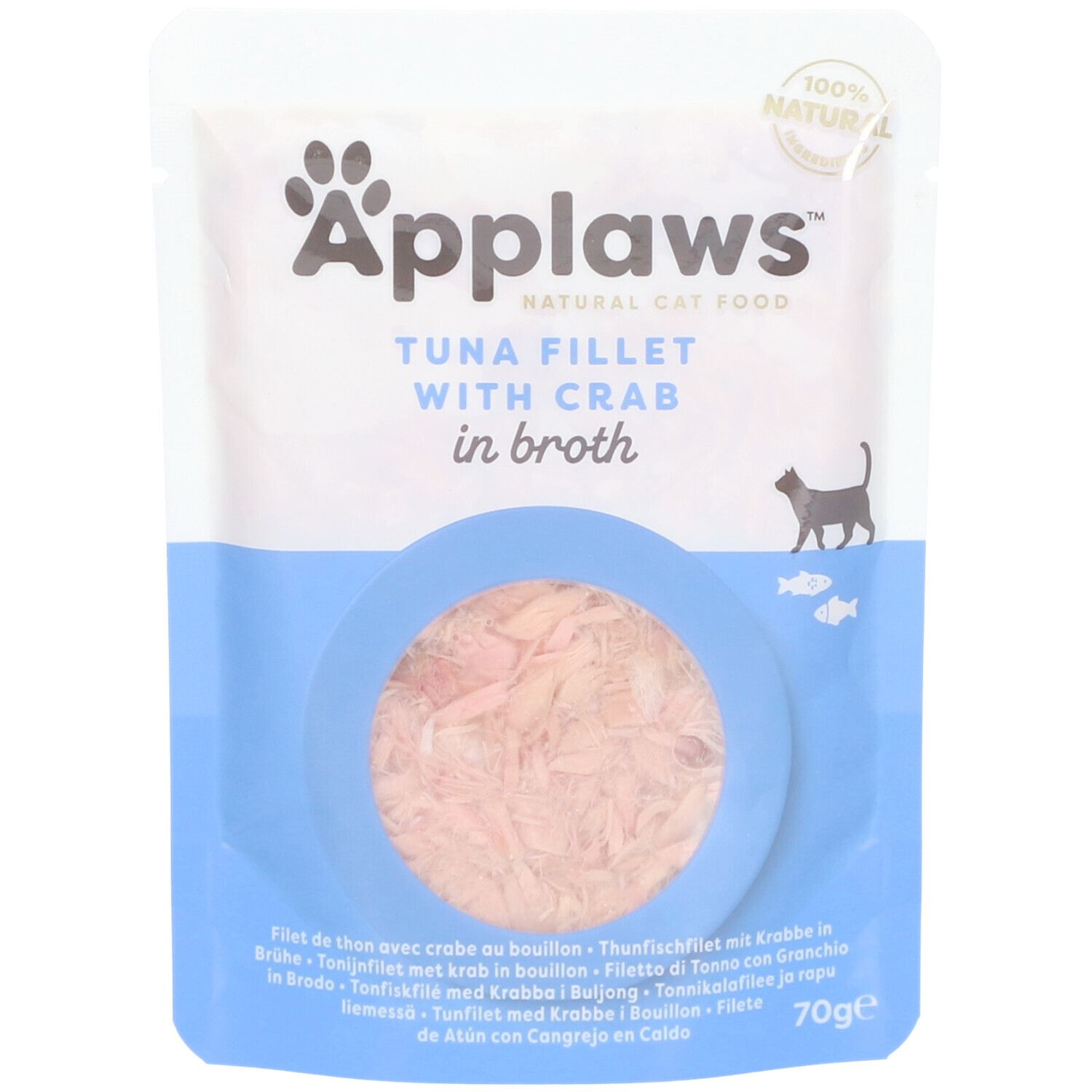 Zakje Applaws tonijnfilet met krab in bouillon. Zichtbaar product in blauw-witte verpakking.