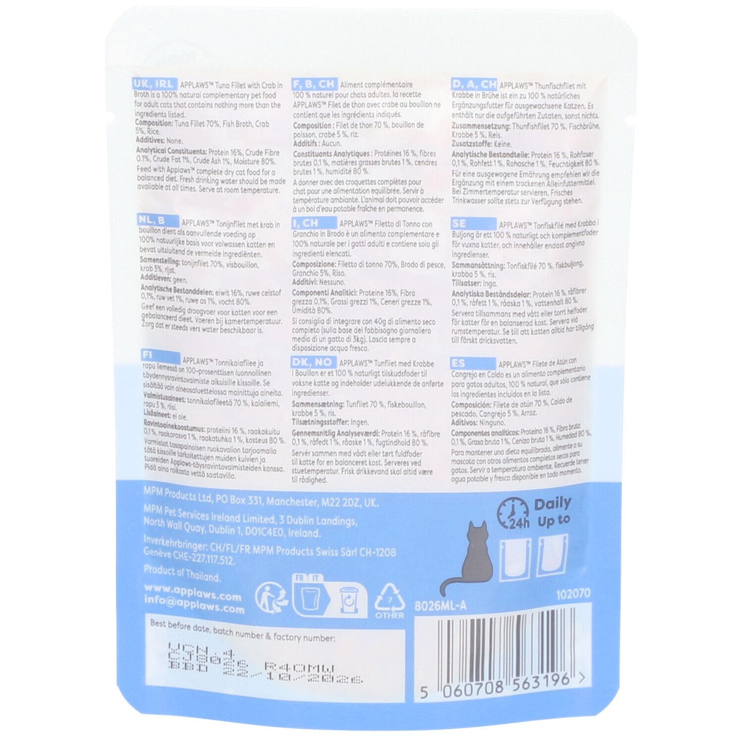 Achterkant van de Applaws-verpakking met tekst en voedingsinformatie. Zwart kat-silhouet.