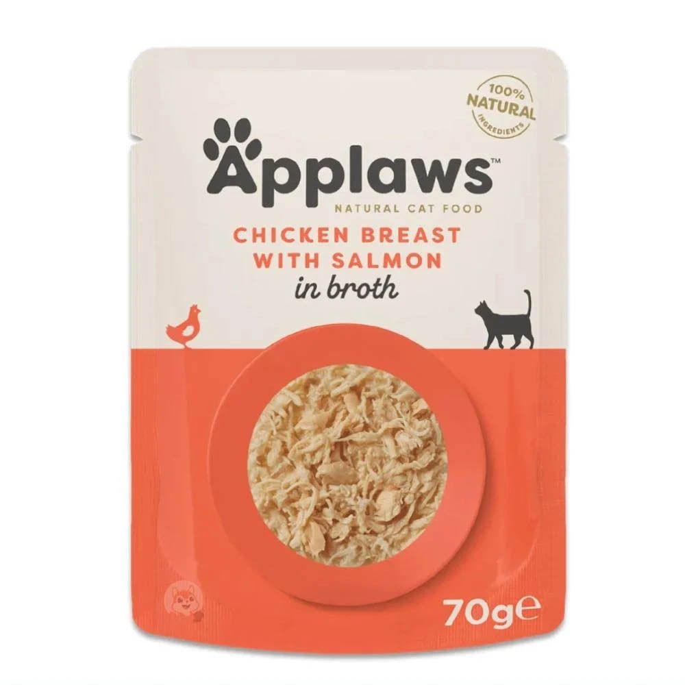 Sachet de nourriture pour chats Applaws. Poitrine de poulet avec saumon en bouillon. Ingrédients 100% naturels. 70g.