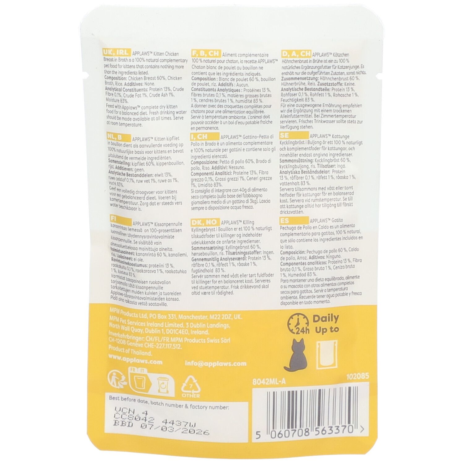 Achterkant van het Applaws Kitten zakje. Tekst: ingrediënten, analyse, aanbevelingen, contactgegevens.