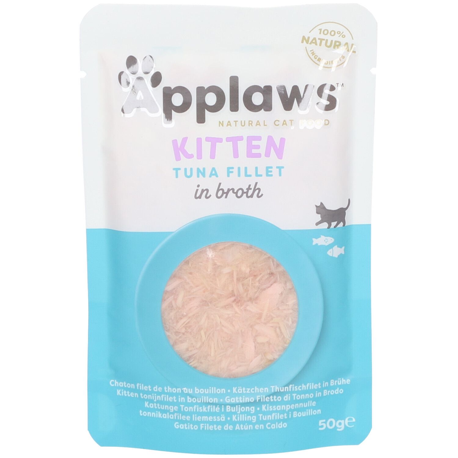 Sachet Applaws Kitten Filet de thon en bouillon. Produit visible à travers une fenêtre circulaire. 50g.