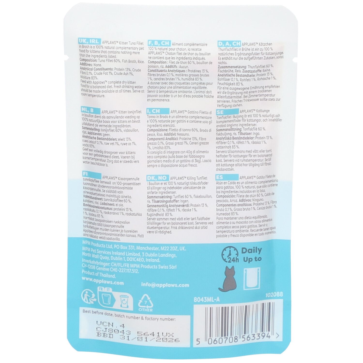 Dos du sachet Applaws Kitten Filet de thon. Texte multilingue. Informations sur les ingrédients.