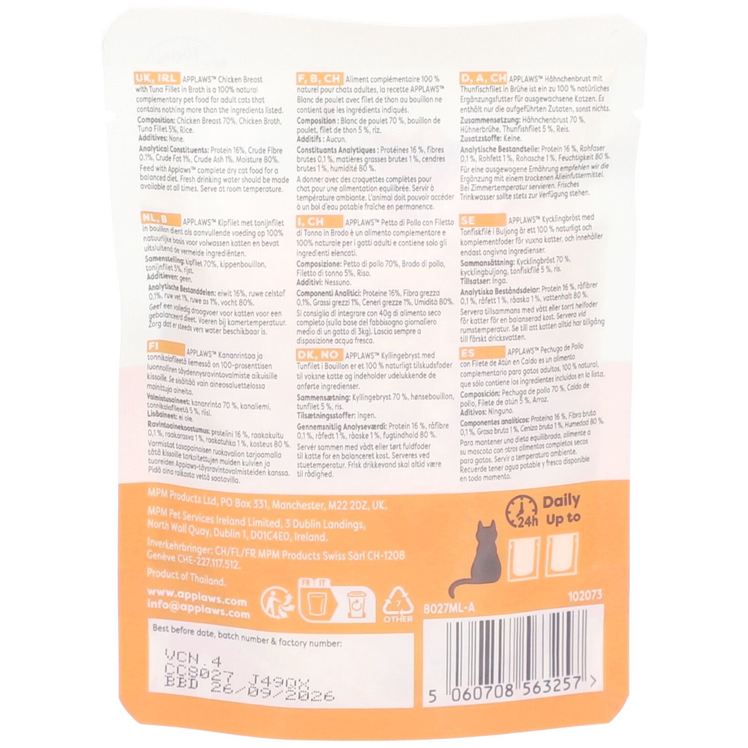 Dos du sachet Applaws. Texte multilingue. Logo, symbole chat, code-barres, date de péremption.