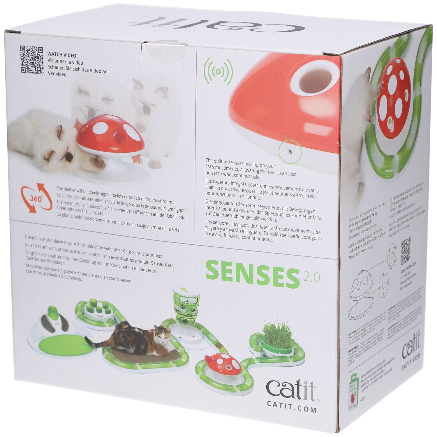 Boîte Catit Senses 2.0 Fliegenpilz. Champignon rouge, pistes vertes, chats. Texte: Senses 2.0, Catit.