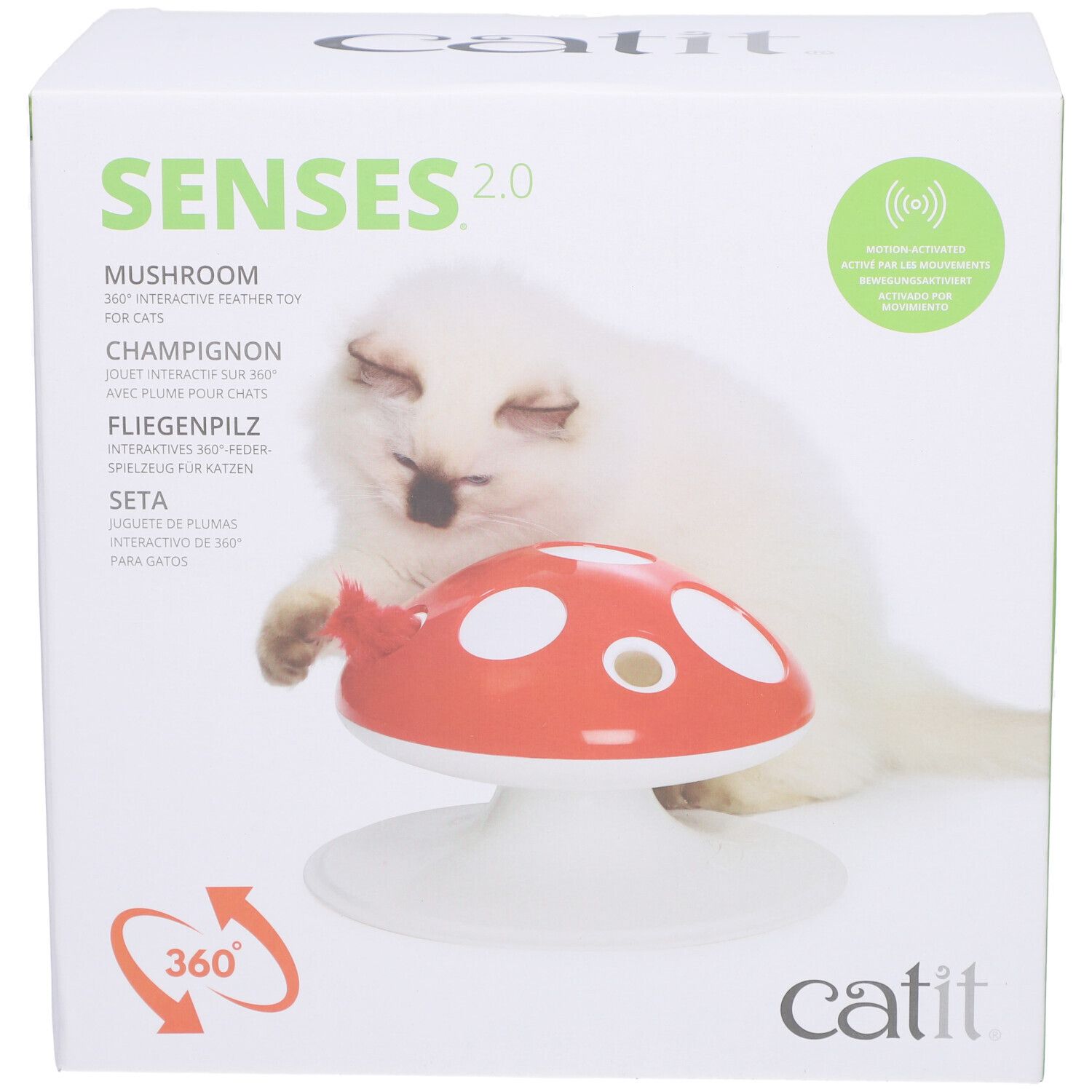 Boîte Catit Senses 2.0 Fliegenpilz. Champignon rouge sur socle blanc, chat à côté. Texte: Senses 2.0, Catit.
