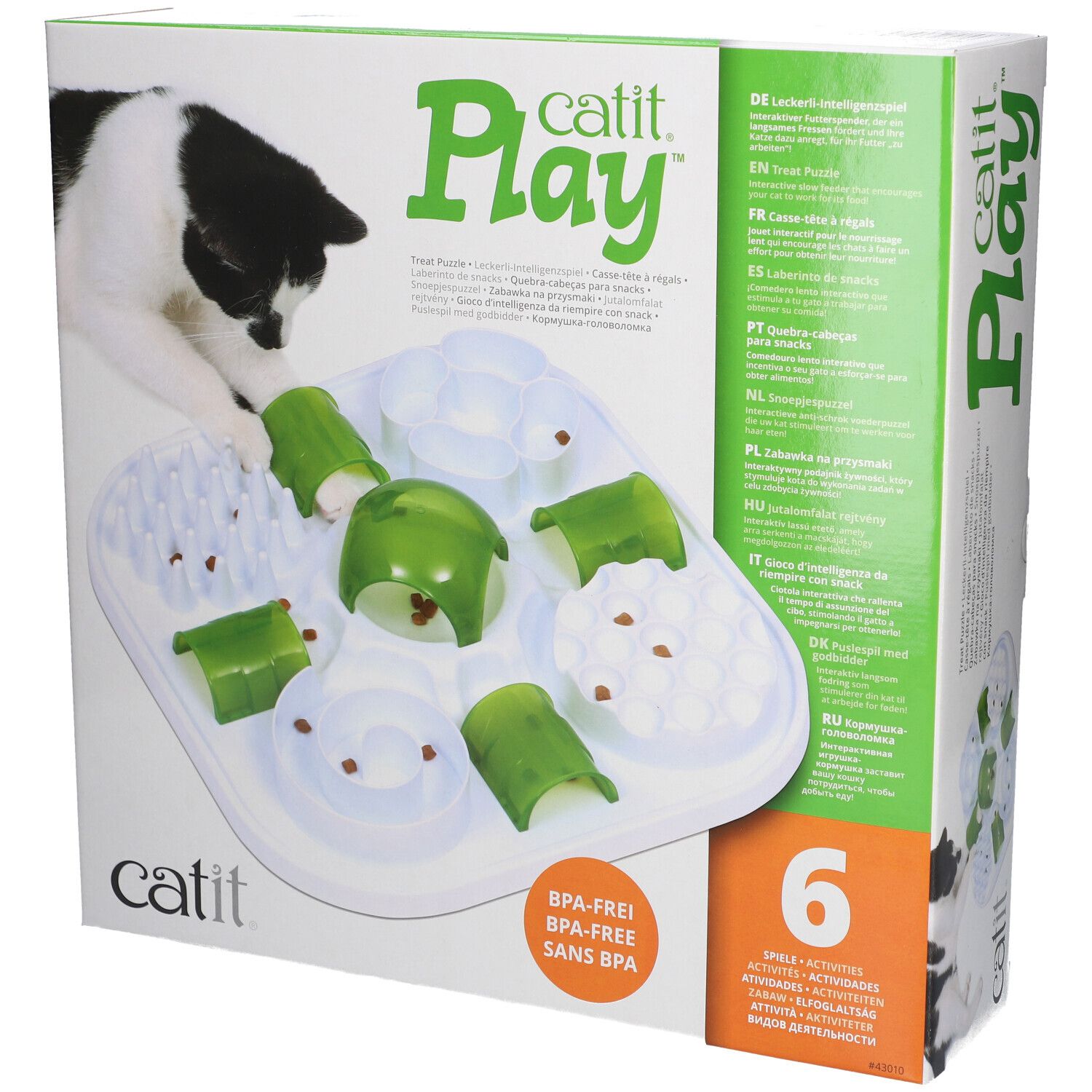 Catit Play. Voerpuzzel voor katten. BPA-vrij. Zes activiteiten. Verpakking met kat en product.