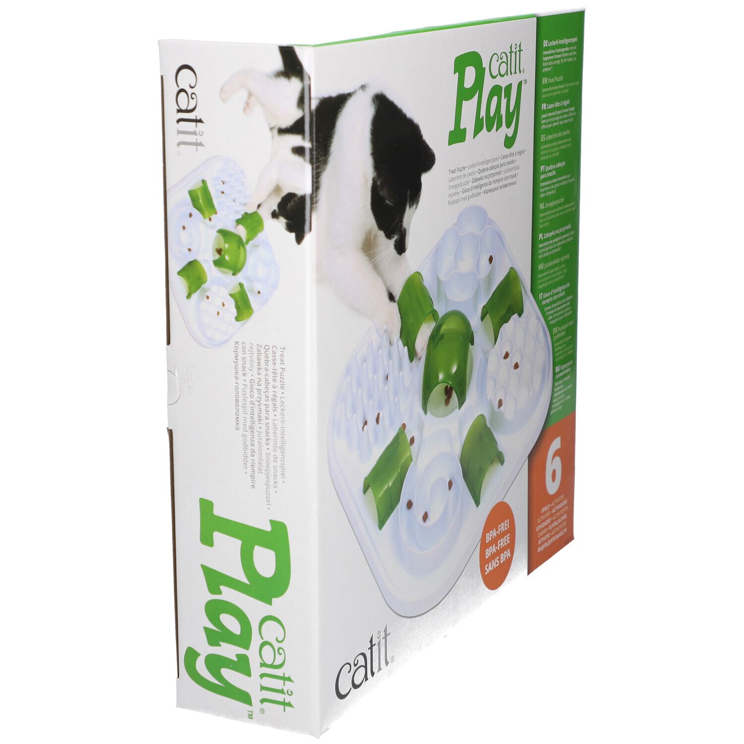 Catit Play. Voerpuzzel voor katten. BPA-vrij. Verpakking met kat en product, zijaanzicht.