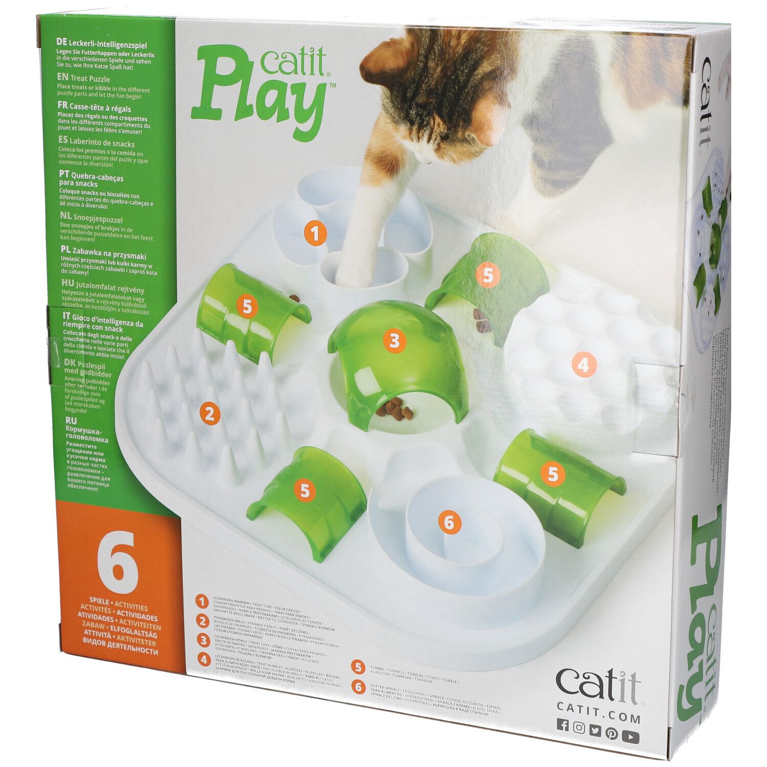 Catit Play. Voerpuzzel voor katten. BPA-vrij. Zes activiteiten. Verpakking met kat en product.