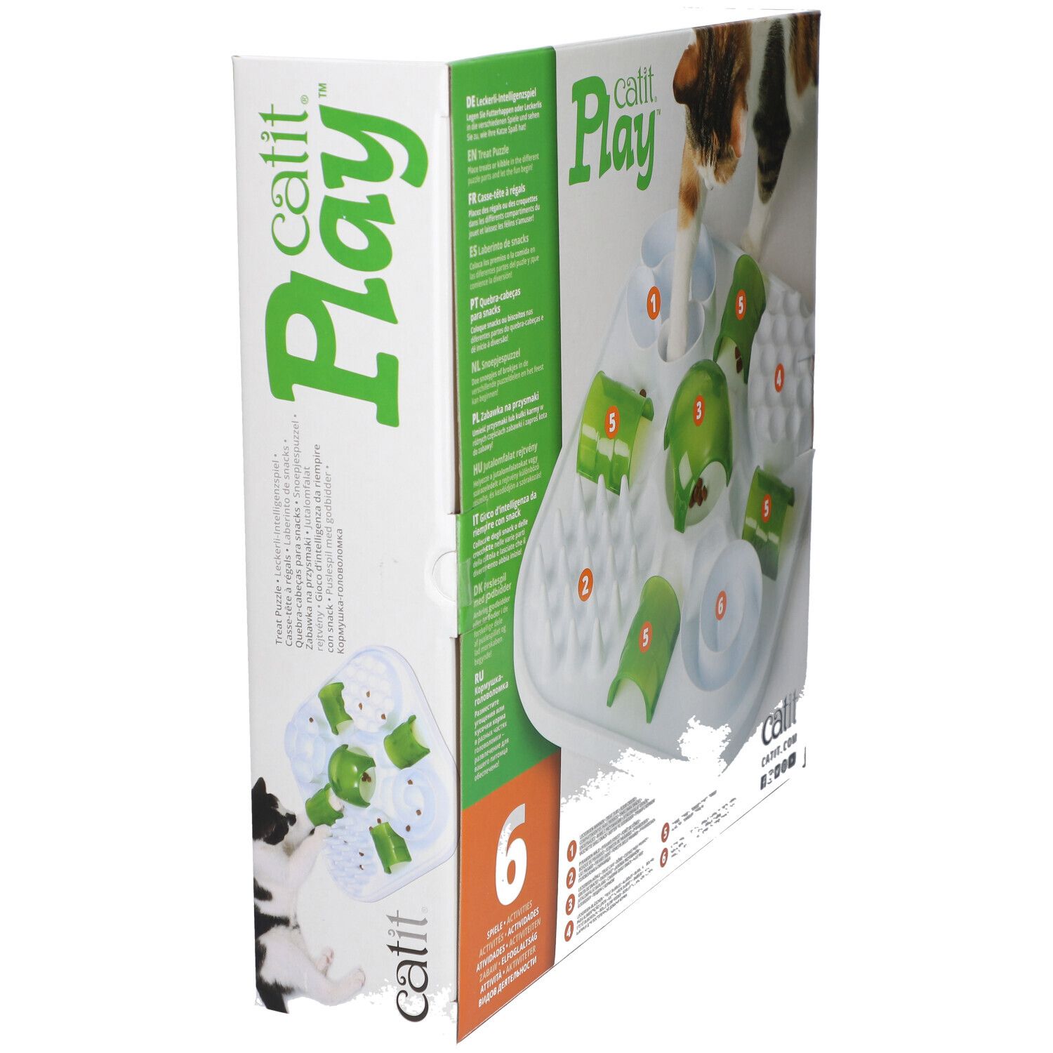 Catit Play. Voerpuzzel voor katten. BPA-vrij. Verpakking met kat en product, zijaanzicht.