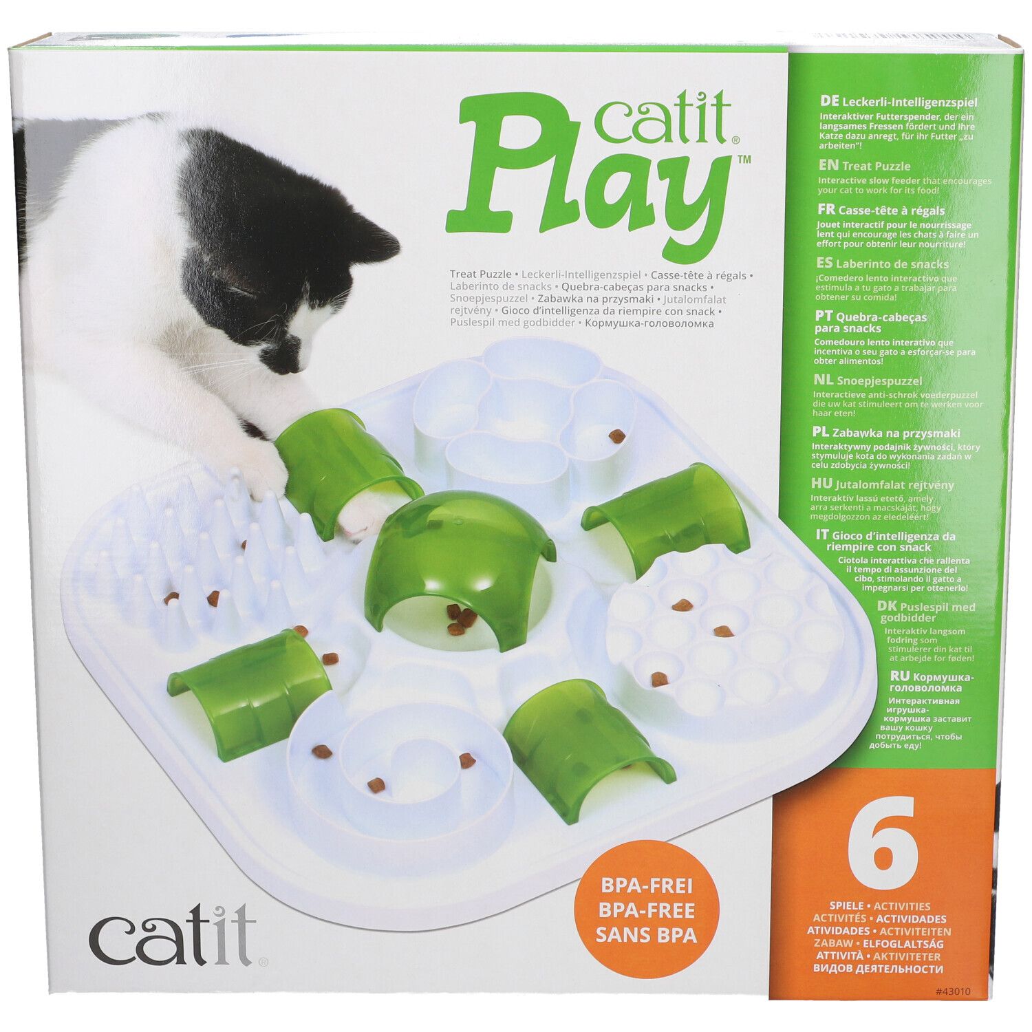 Catit Play. Voerpuzzel voor katten. BPA-vrij. Zes activiteiten. Verpakking met kat en product.