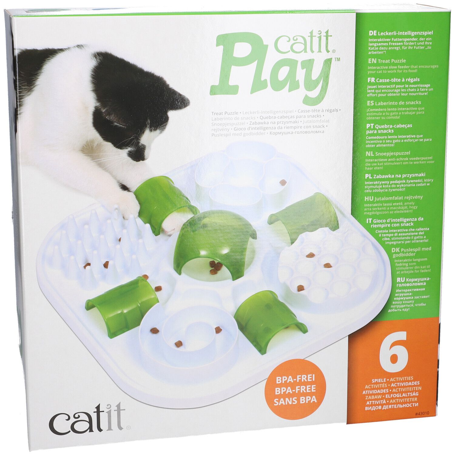Catit Play. Voerpuzzel voor katten. BPA-vrij. Zes activiteiten. Verpakking met kat en product.