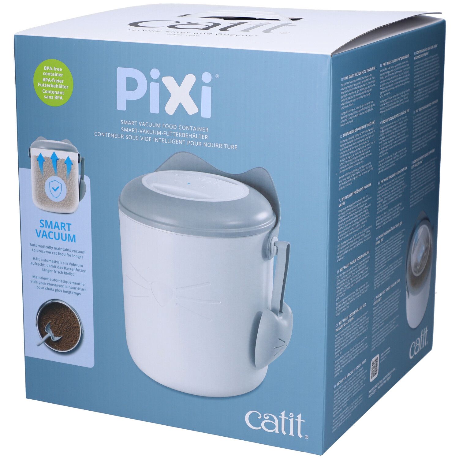 Verpakking van de Catit Pixi voedselcontainer. Witte container met grijs deksel en accessoires. Tekst: Pixi, Catit.