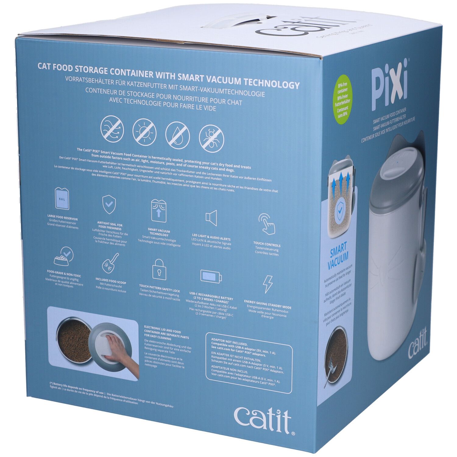 Achterkant van de Catit Pixi verpakking. Illustraties en tekst over de functies van de container. Tekst: Catit.