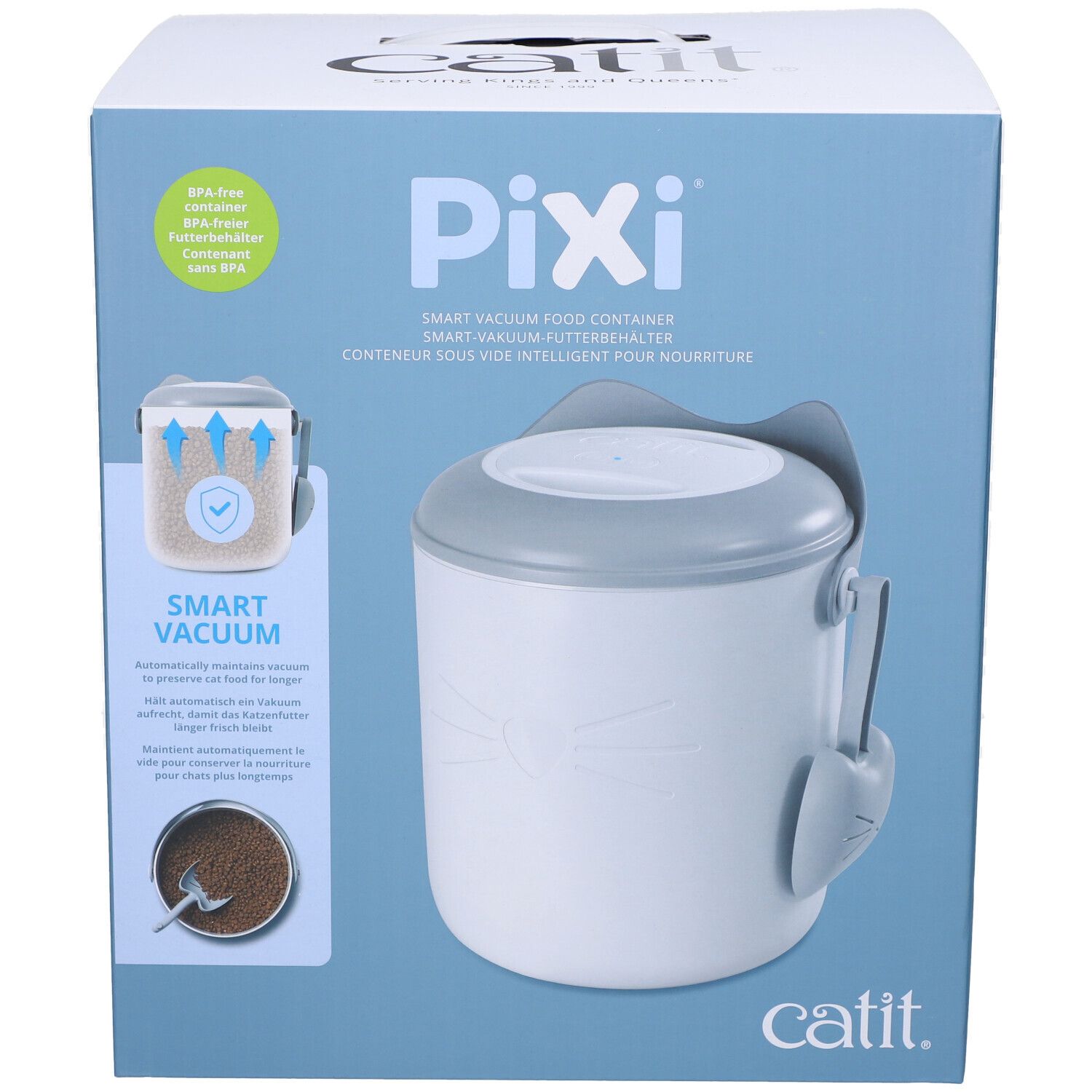 Verpakking van de Catit Pixi voedselcontainer. Witte container met grijs deksel en accessoires. Tekst: Pixi, Catit.