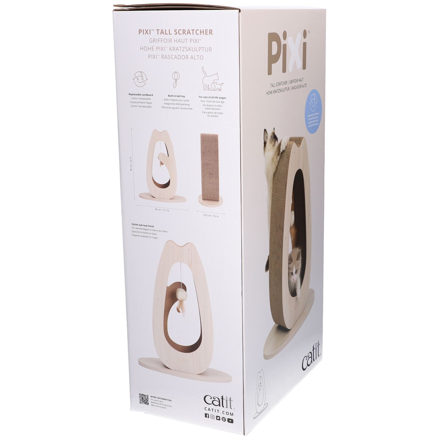 Kartonnen verpakking met krabmeubel. Zijaanzicht met productafbeeldingen en tekst.