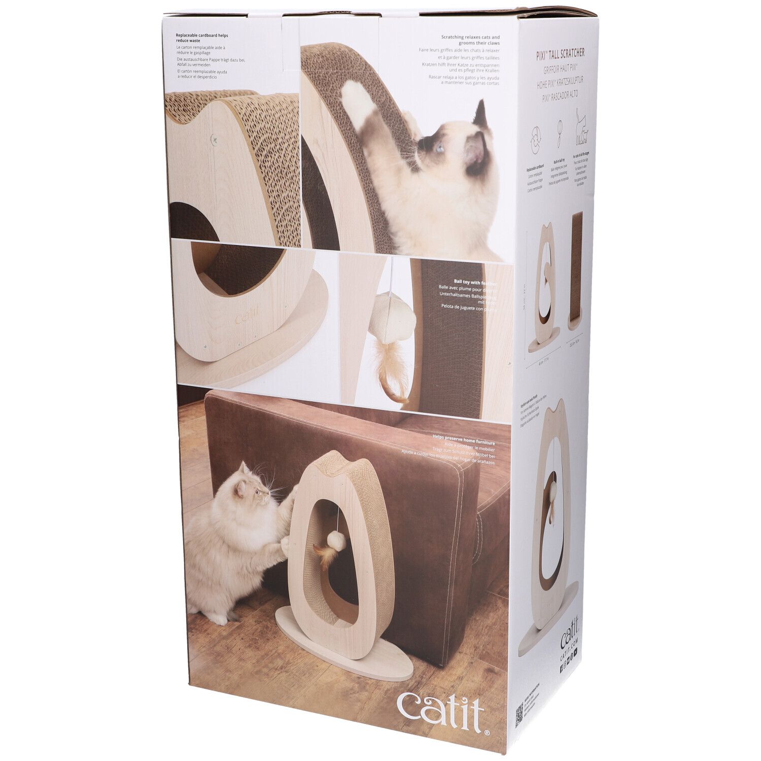 Kartonnen verpakking met krabmeubel. Detailaanzichten van het product en katten.