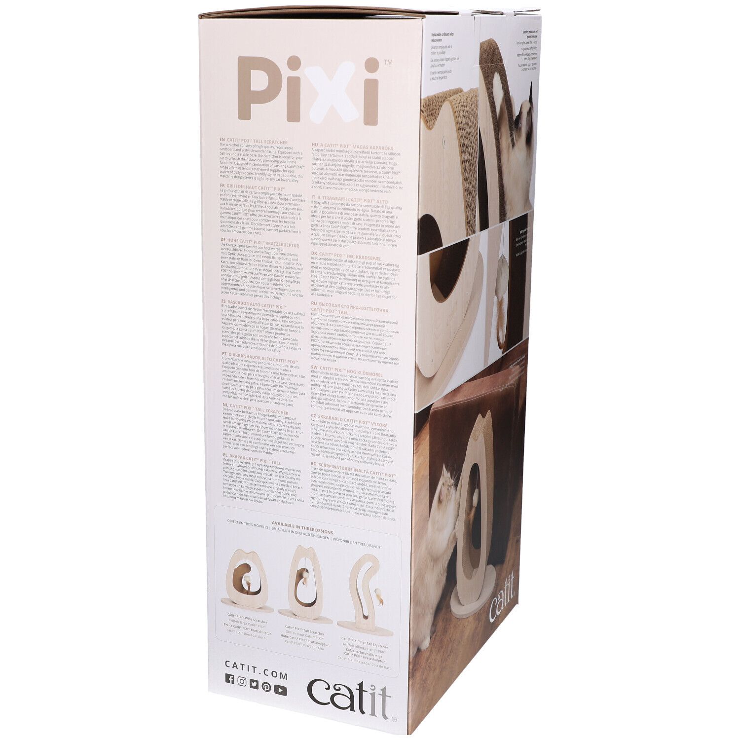 Kartonnen verpakking met krabmeubel. Achterkant met tekst en productafbeeldingen.