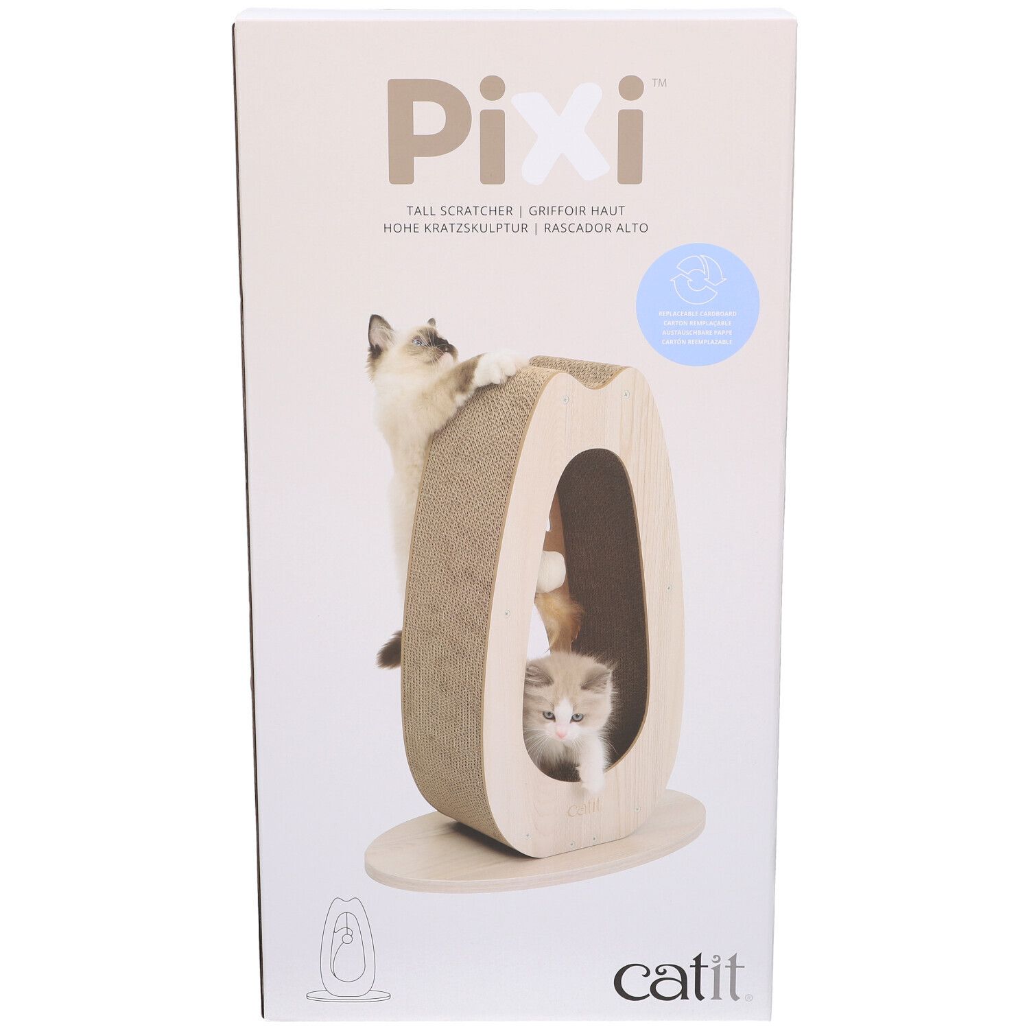 Kartonnen verpakking met krabmeubel. Opschrift Pixi, Catit. Katten spelen op krabmeubel.