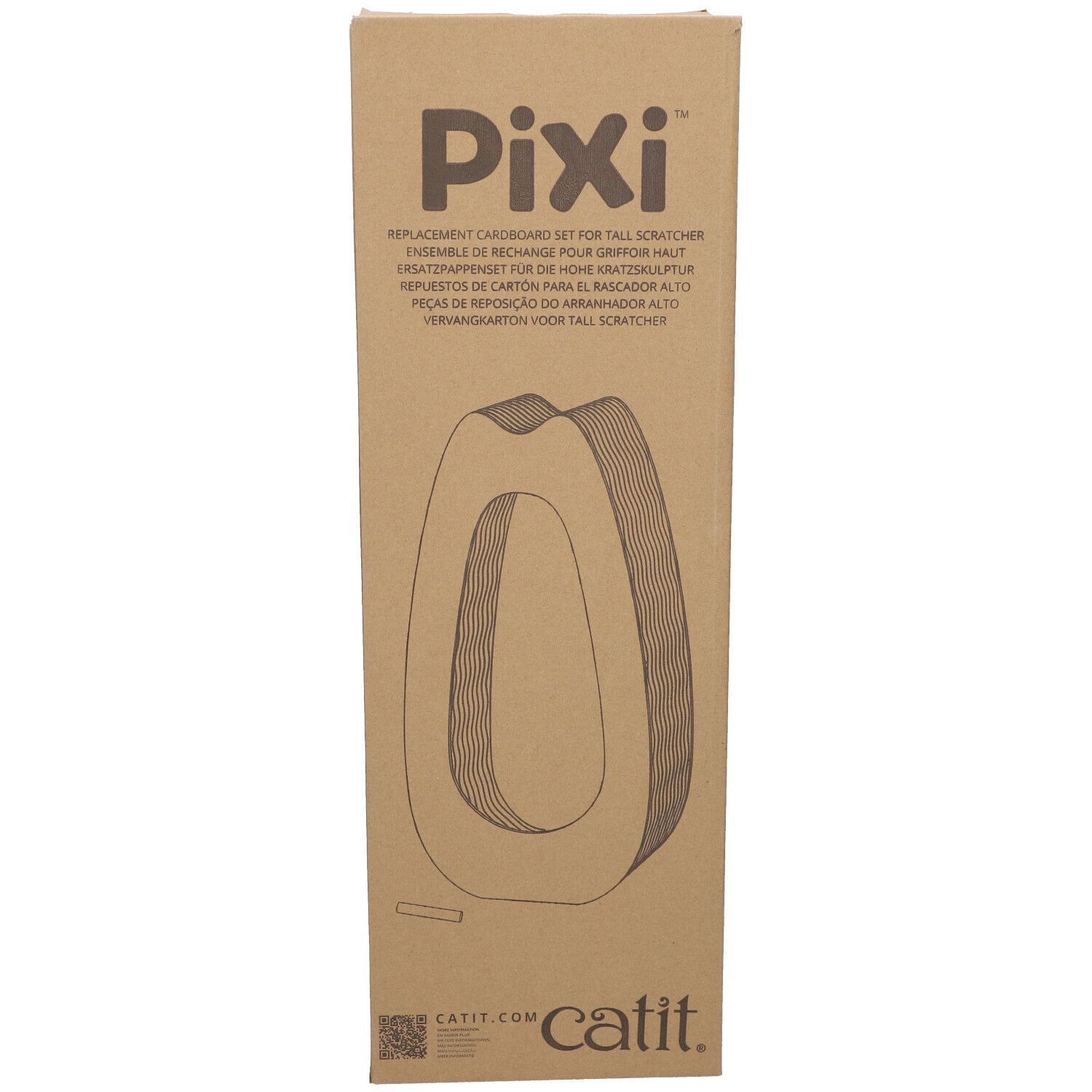 Kartonnen verpakking met "Pixi" logo. Tekst: "Replacement Cardboard Set for Tall Scratcher". "Catit" logo onderaan.