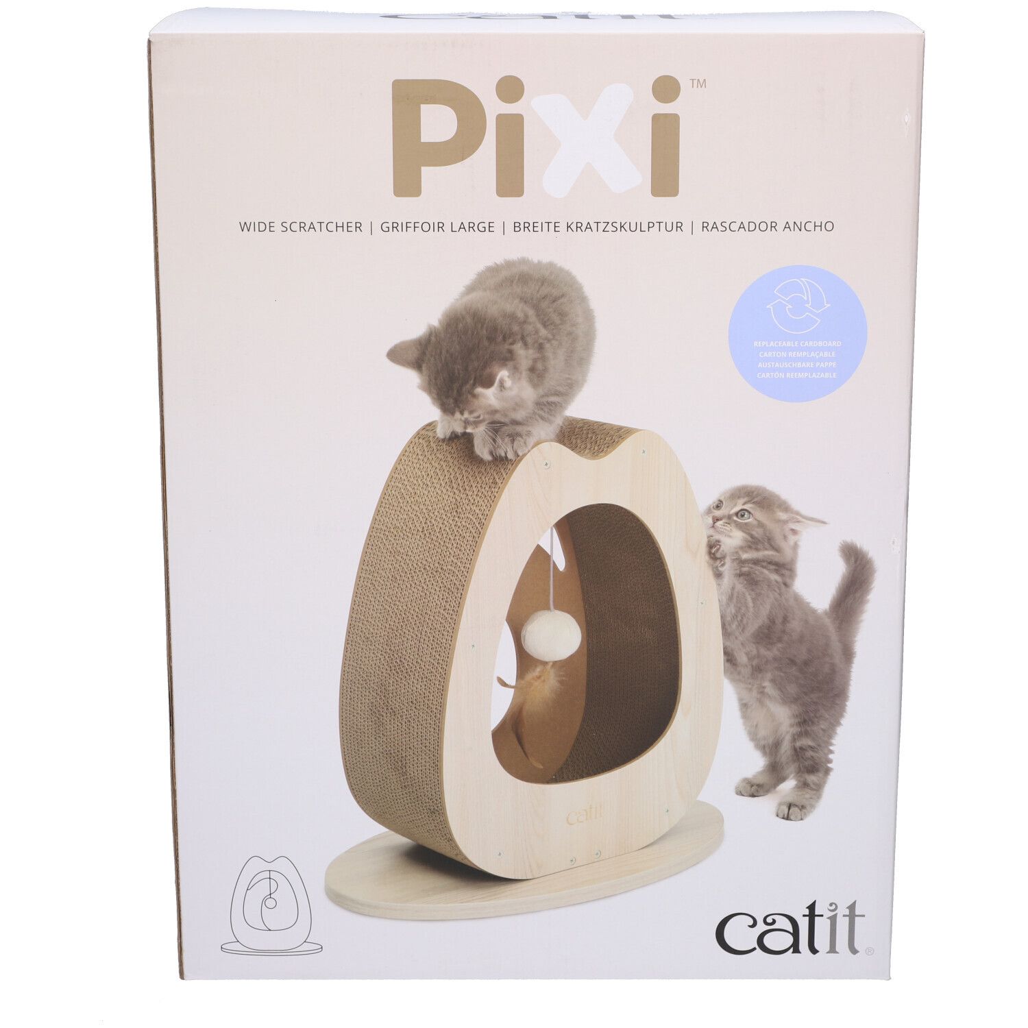 Griffoir avec balle et carton. Chat sur le meuble. Emballage avec logo.