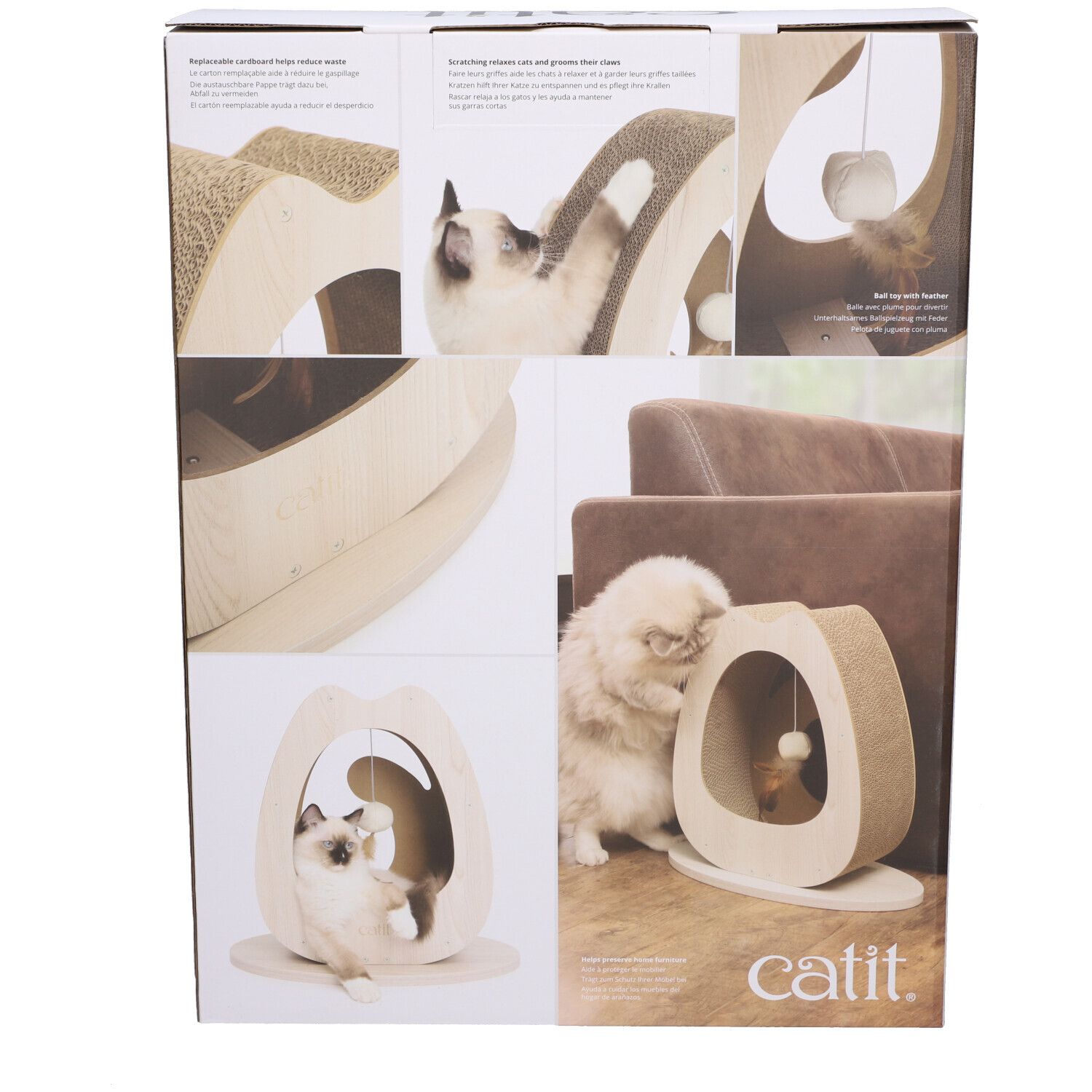 Dos de l'emballage. Produit avec chat. Différentes vues du griffoir.