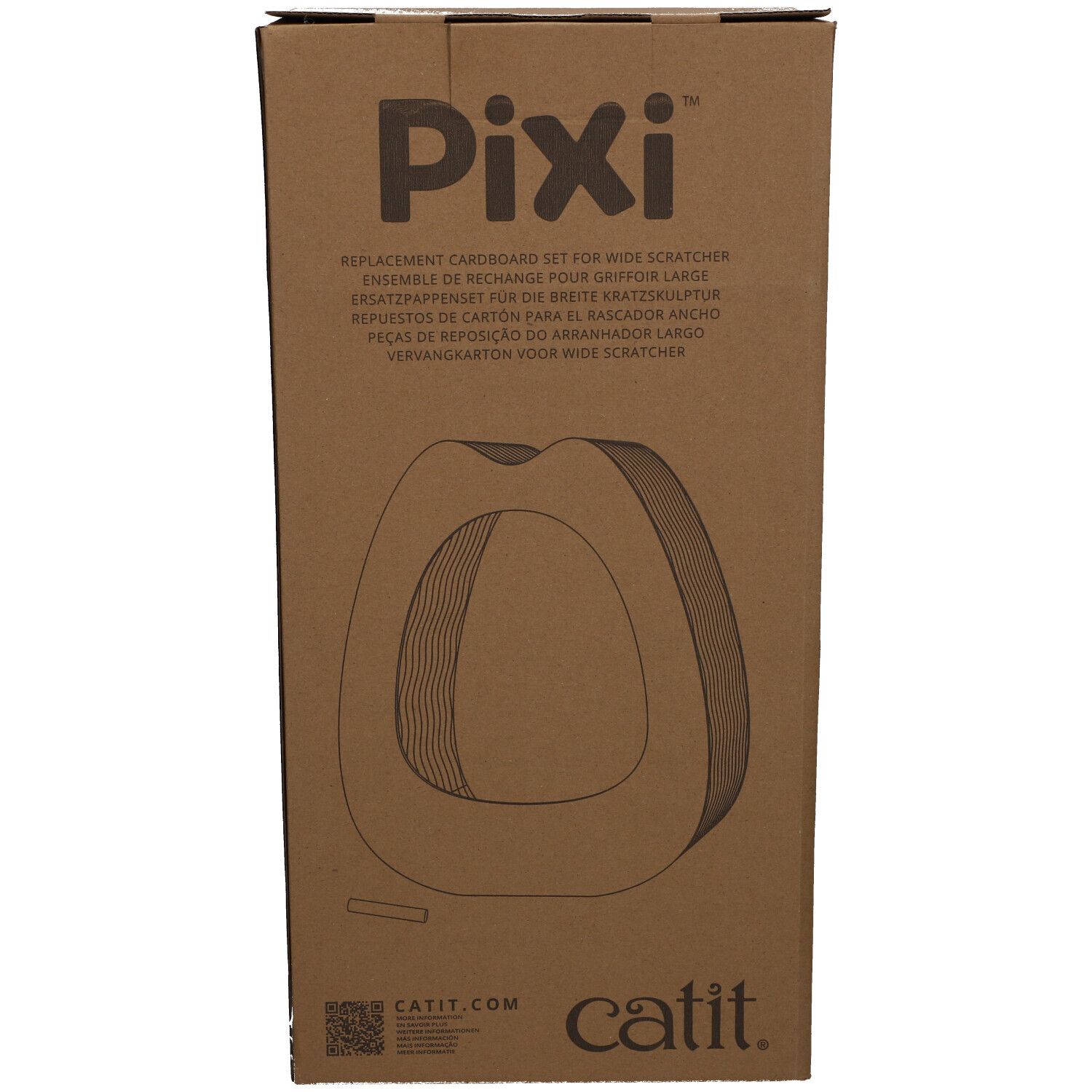 Kartonnen verpakking voor krabplank. Opschrift Pixi. Vervangende karton voor brede krabber. Catit-logo.