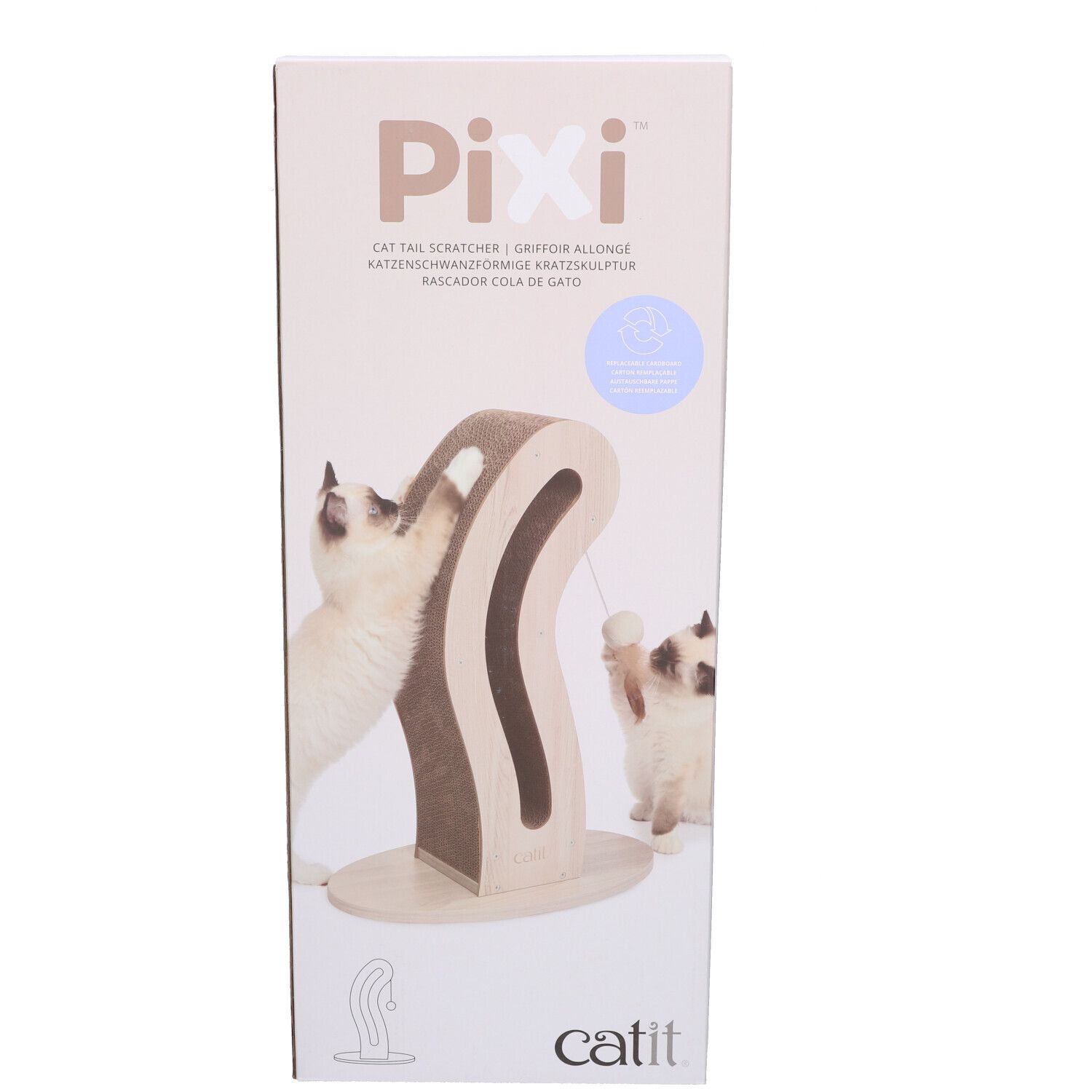 Emballage du griffoir en forme de queue de chat. Nom du produit : Pixi. Marque : Catit. Deux chats interagissent avec le griffoir.