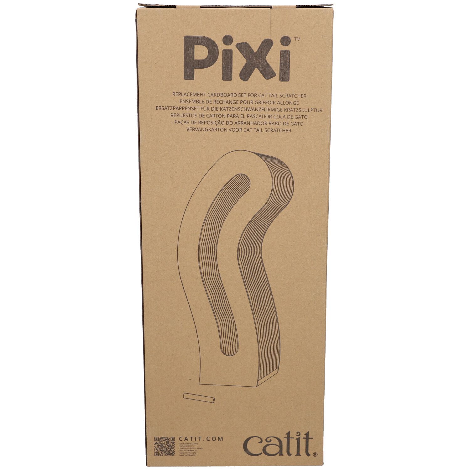 Emballage en carton pour griffoir. Texte Pixi. Pièce de rechange pour griffoir en forme. Marque Catit en bas.
