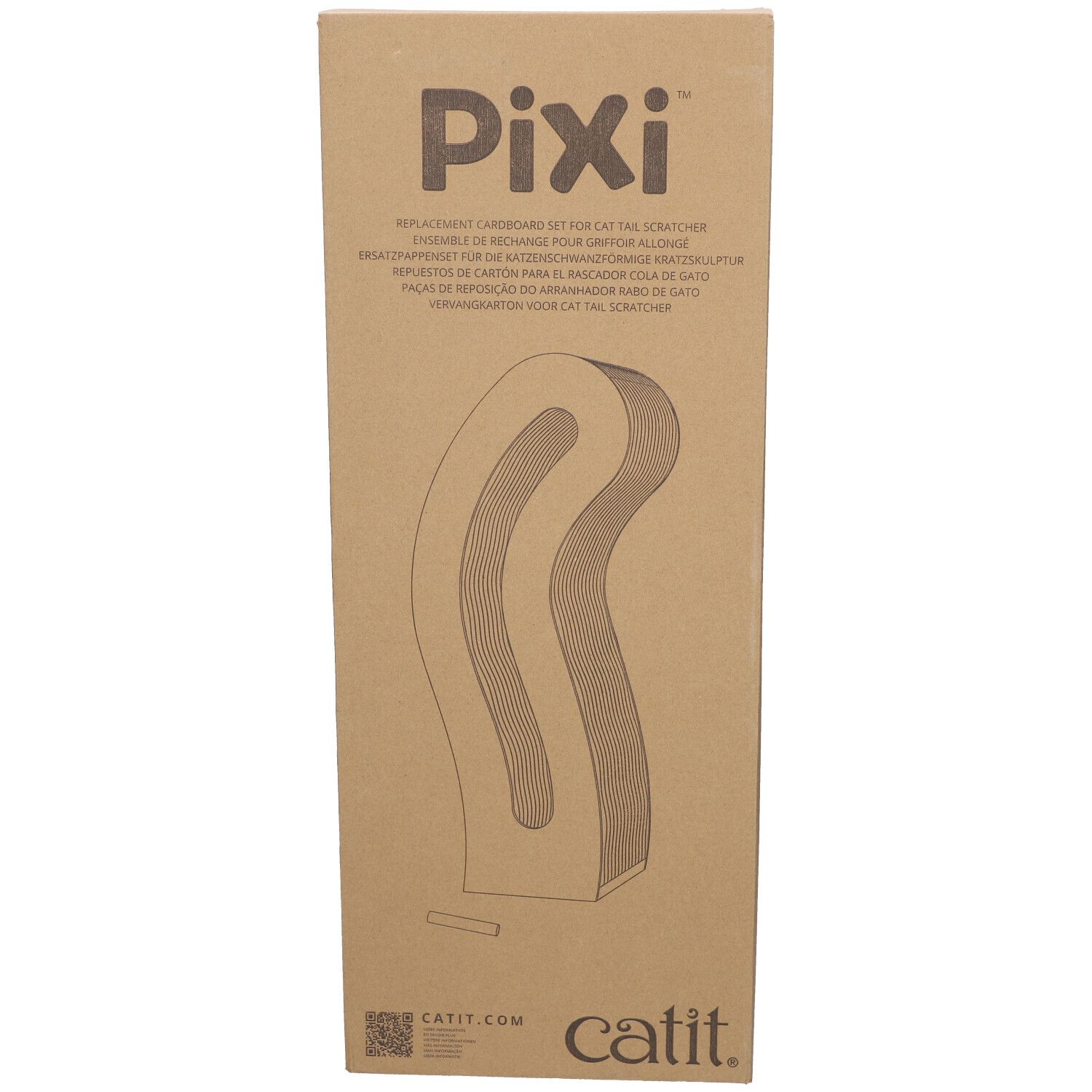 Emballage en carton pour griffoir. Texte Pixi. Pièce de rechange pour griffoir en forme. Marque Catit en bas.