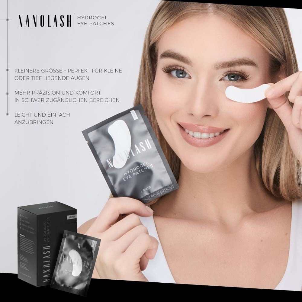 Vrouw houdt oogpleister vast. Doos en zakjes met NANOLASH Hydrogel Eye Patches.