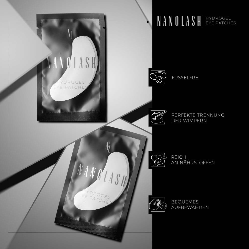 Twee zakjes NANOLASH Hydrogel Eye Patches. Tekst: Hydrogel Eye Patches, logo's en iconen.