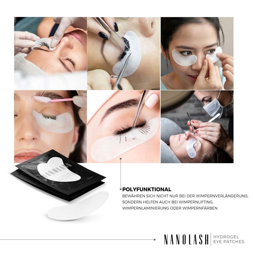Collage van toepassingen. Oogpleisters, wimperextensions, -lifting, -verven.