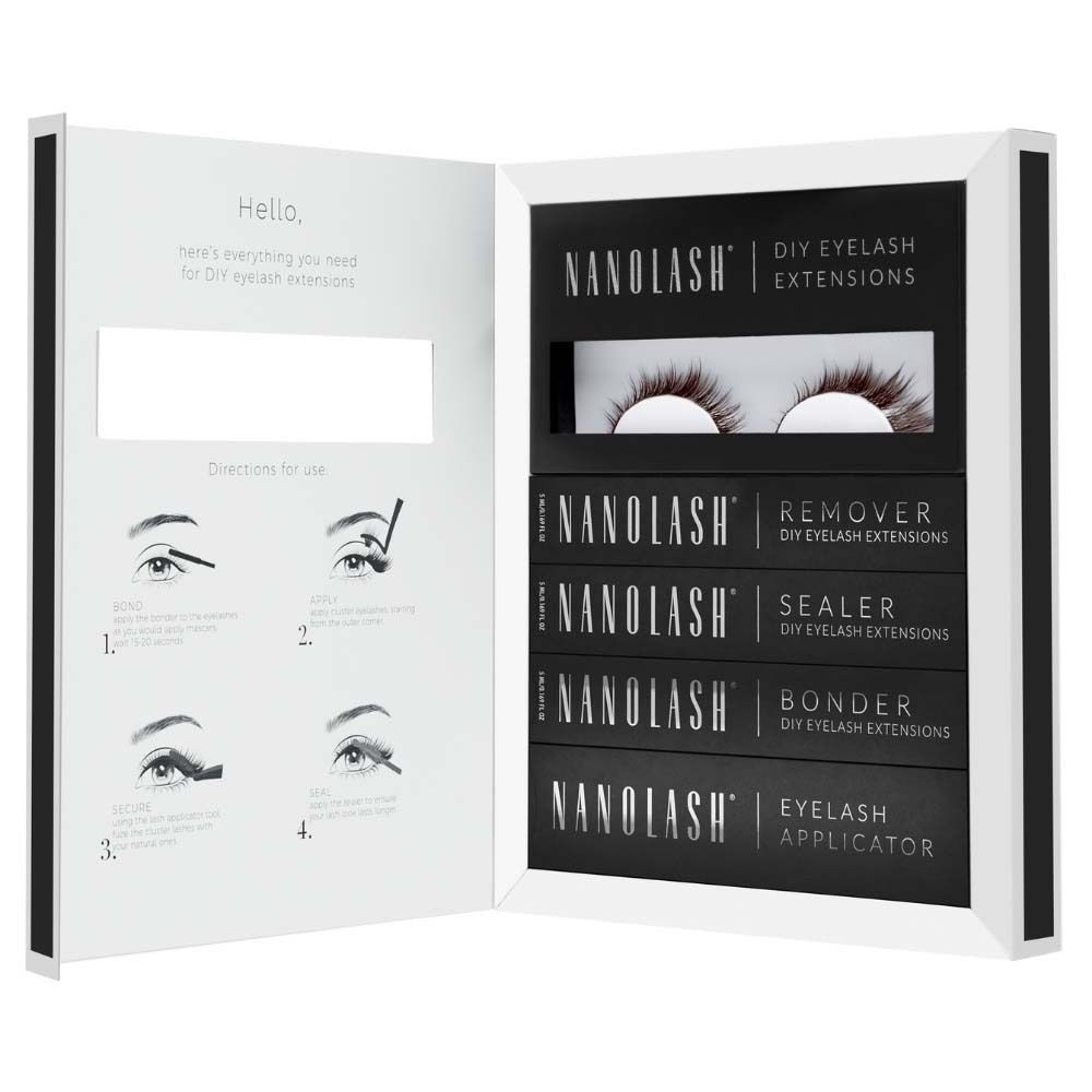 NANOLASH® DIY Wimperverlenging Starter Kit. Bevat wimpers, remover, sealer, bonder en applicator. Zwarte verpakking.