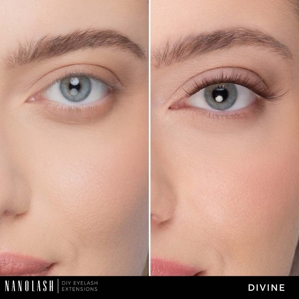 Close-up van een gezicht met een oog zonder en met NANOLASH® DIY wimperverlenging. Duidelijk verschil.