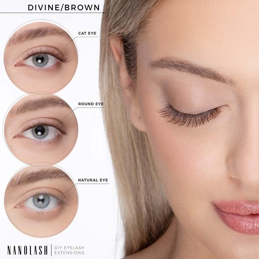 Drie oogvormen: Cat Eye, Round Eye, Natural Eye. NANOLASH® DIY wimperverlenging. Divine/Bruin.