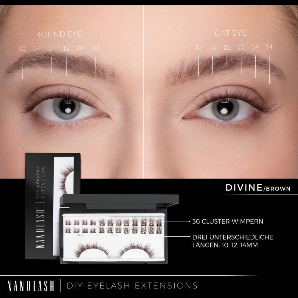NANOLASH® DIY Wimperverlenging Starter Kit. 36 clusterwimpers. Drie lengtes: 10, 12, 14mm. Divine/Bruin.