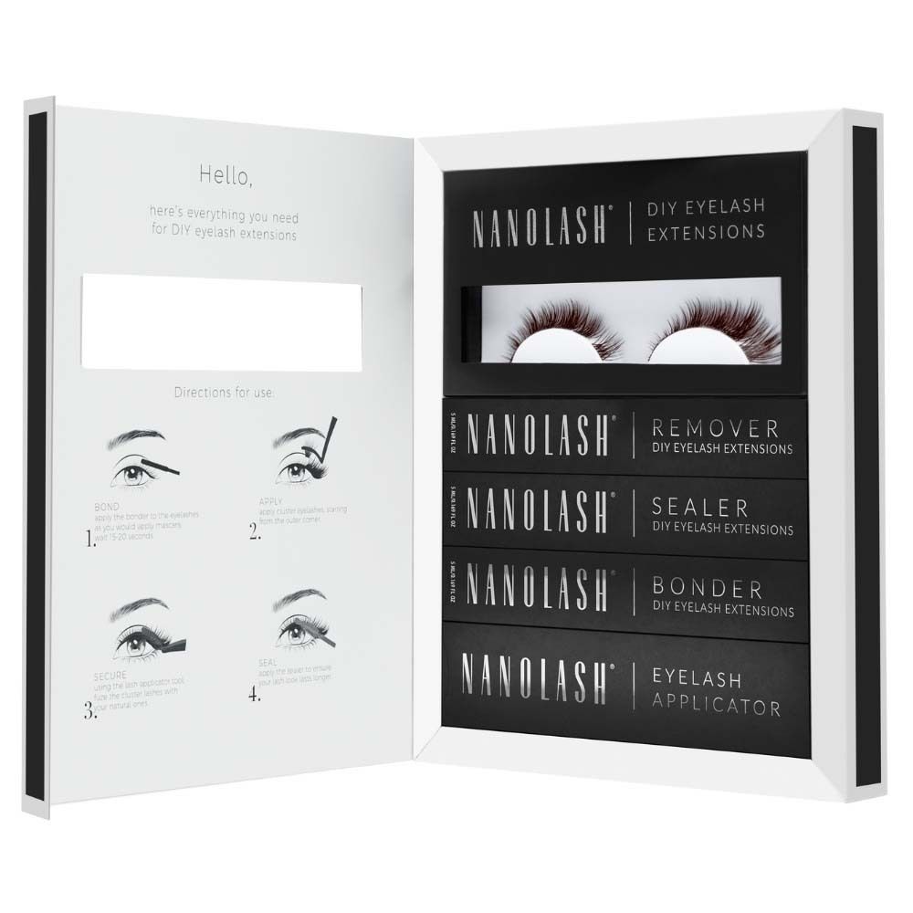 Kit de démarrage NANOLASH® DIY Extensions de cils. Étui ouvert avec cils, dissolvant, scellant, colle et applicateur. Instructions.