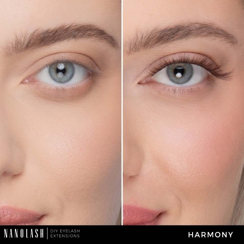 Visage de femme. Œil gauche sans cils, œil droit avec cils NANOLASH®. Texte : NANOLASH, HARMONY.