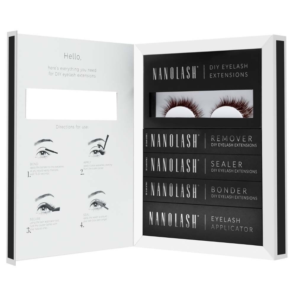 NANOLASH® DIY Wimperverlenging Starter Kit. Bevat wimpers, remover, sealer, lijm en applicator. Zwarte verpakking.