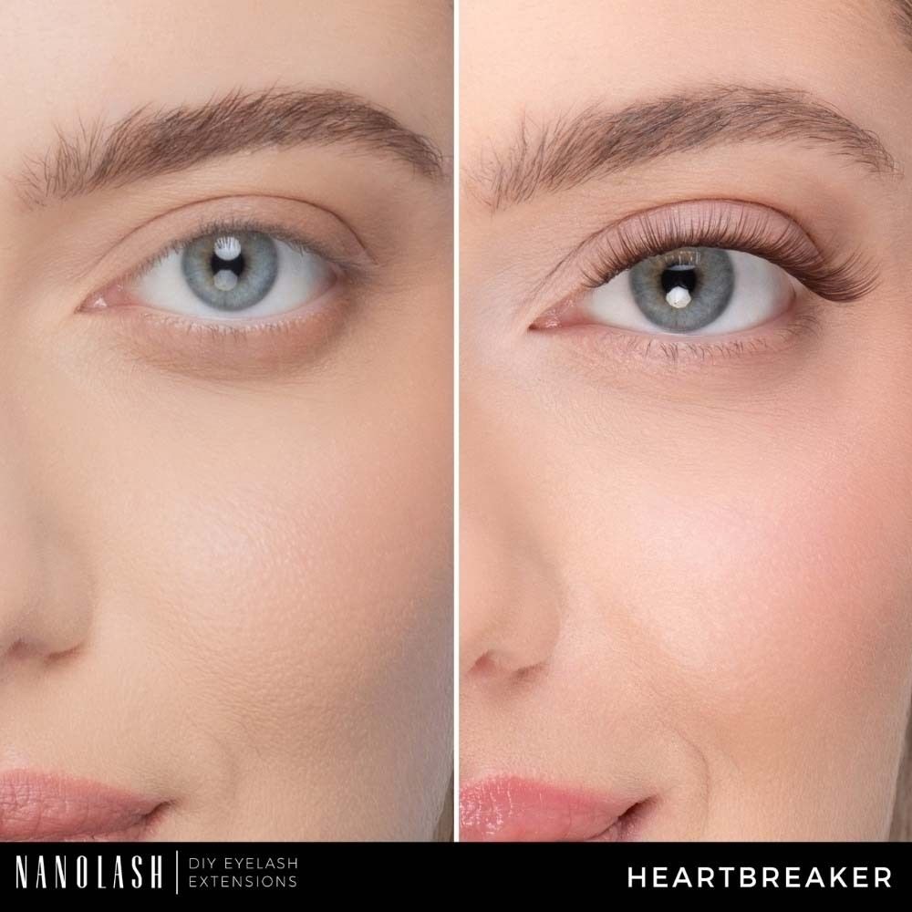 Close-up van een oog met NANOLASH® wimperverlengingen. Het rechteroog heeft langere wimpers. Productnaam: HEARTBREAKER.