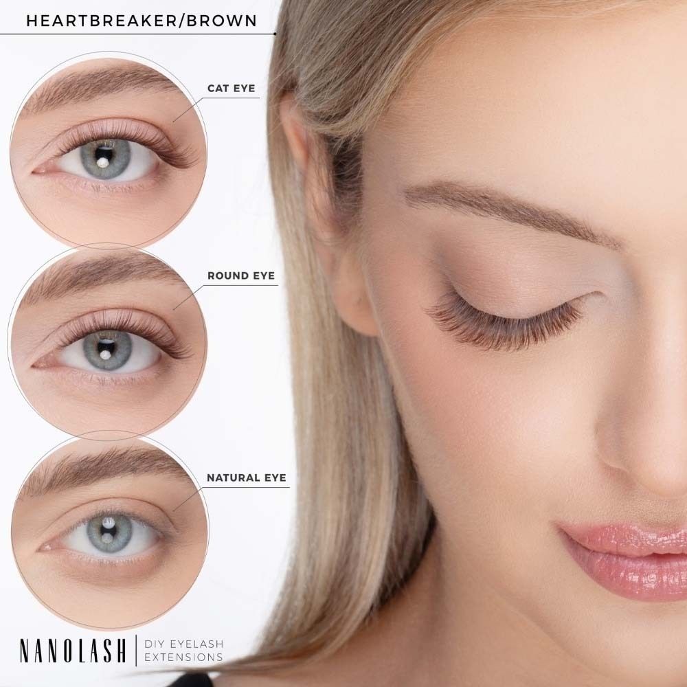 Drie oogvormen: Cat Eye, Round Eye, Natural Eye. NANOLASH® DIY wimperverlengingen. Productnaam: HEARTBREAKER/BROWN.