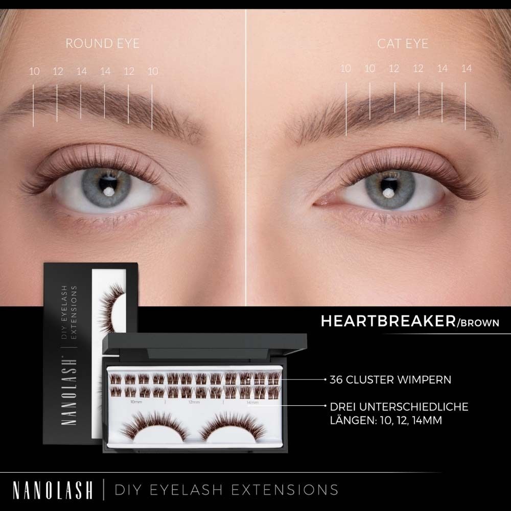 NANOLASH® DIY wimperverlengingen. 36 clusterwimpers. Drie lengtes: 10, 12, 14mm. Productnaam: HEARTBREAKER/BROWN.