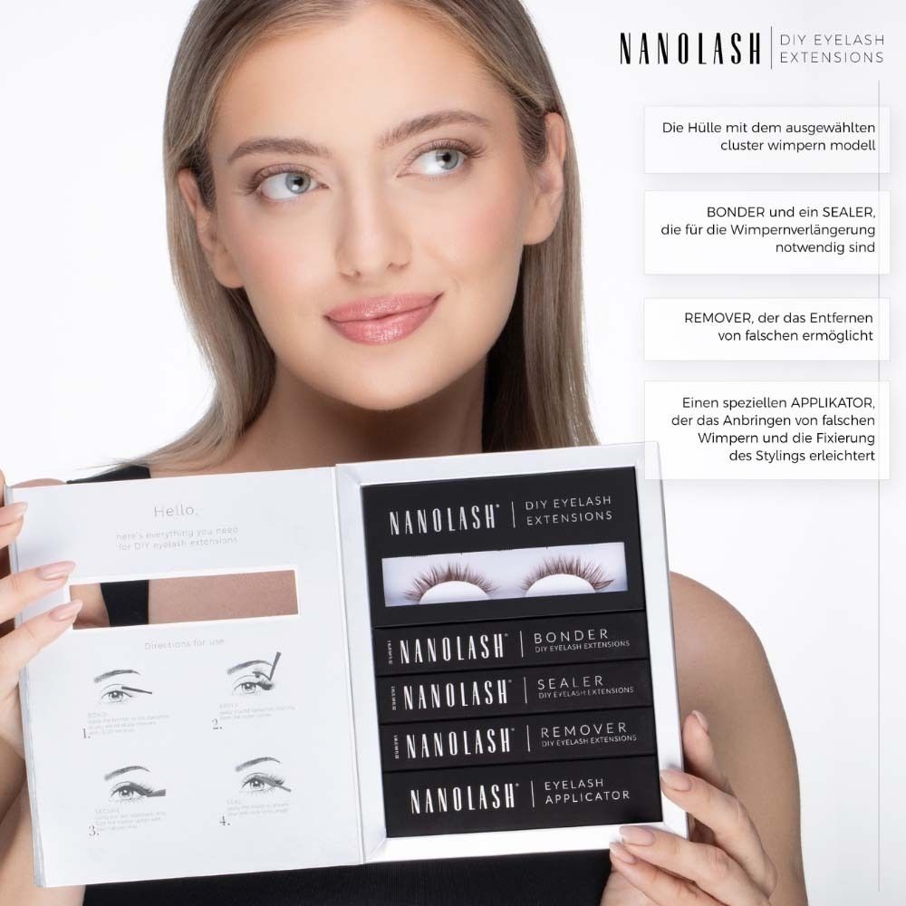 NANOLASH® DIY Wimperverlenging Starter Kit. Bevat wimpers, remover, sealer, lijm en applicator. Zwarte verpakking.
