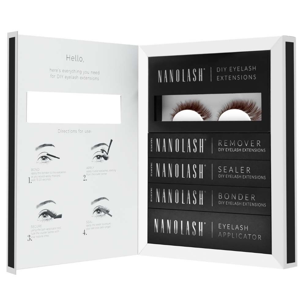 Kit Nanolash DIY Extensions de cils avec cils, dissolvant, scellant, fixateur et applicateur.