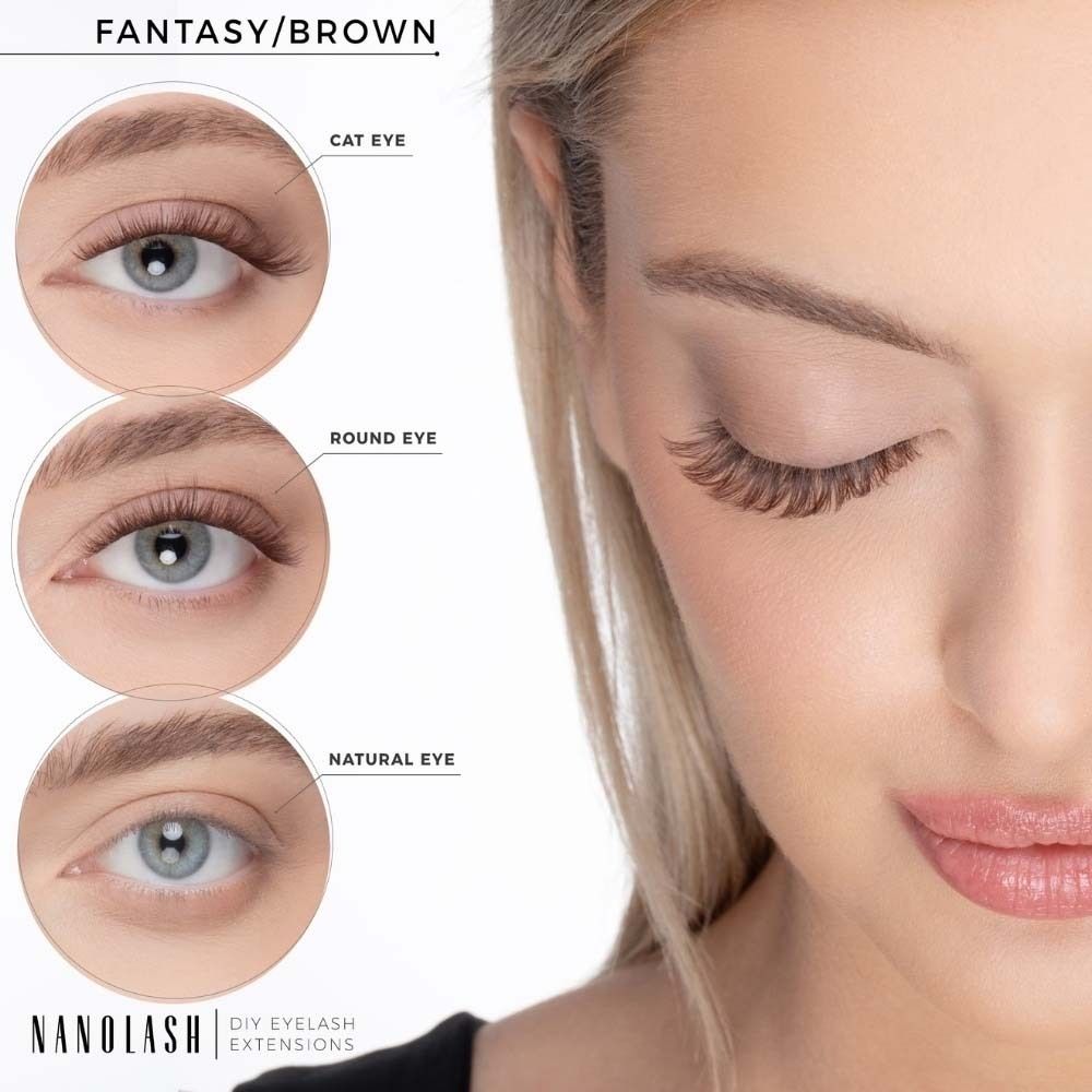 Femme avec des extensions de cils brunes et volumineuses, montrant différentes formes d'yeux.